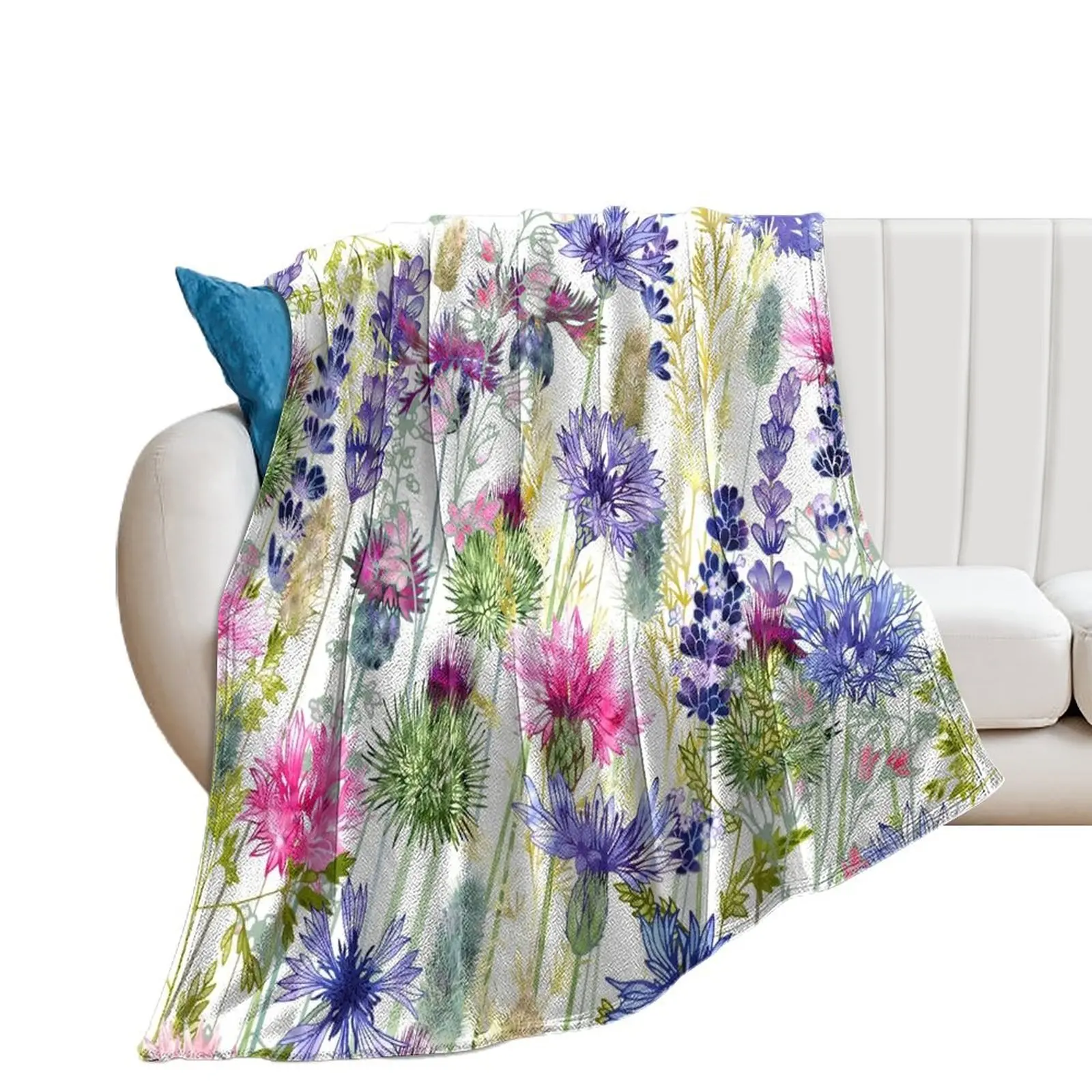 Flower Meadow - Cornflowers, Thistles & Lavender Throw Blanket For Decorative Sofa Baby Luxury Thicken Blankets