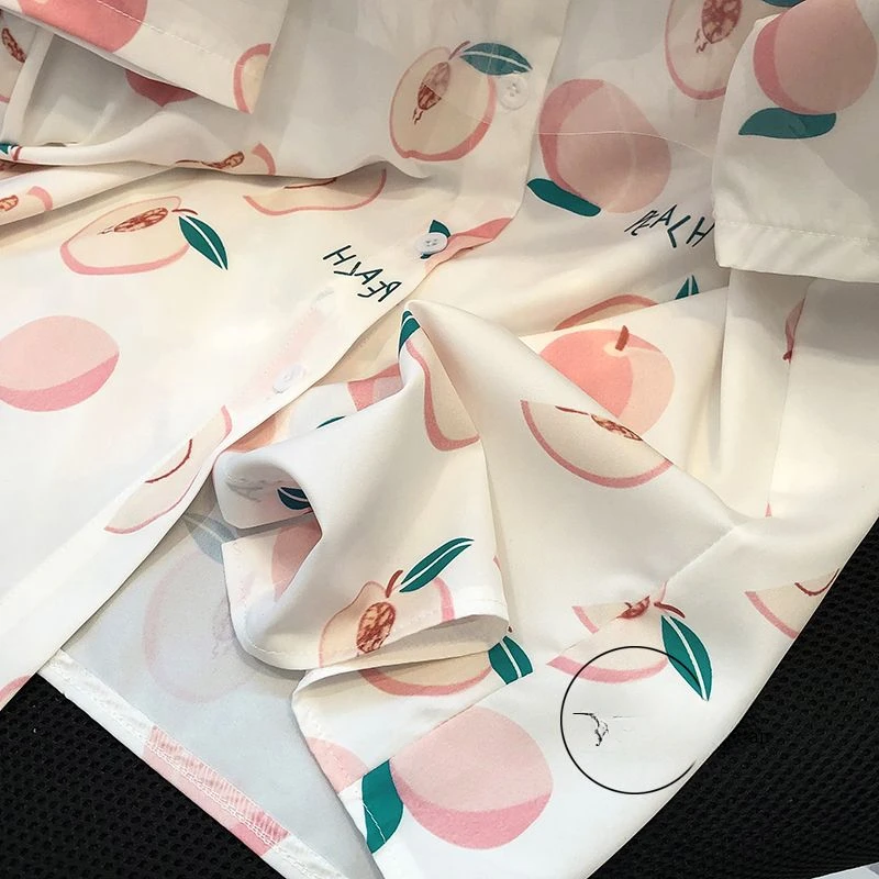 EBAIHUI Cute Peach Print Women Shirt Summer Loose Causal Ladies Short Sleeve Blouse Lapel Casual Holiday Style Cardigan Blusas