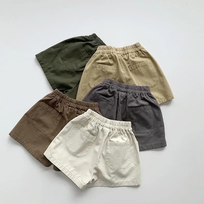 

2025 Summer New Children Loose Shorts Solid Girls Casual Shorts Vintage Versatile Baby Boys Pocket Short Pants Kids Clothes