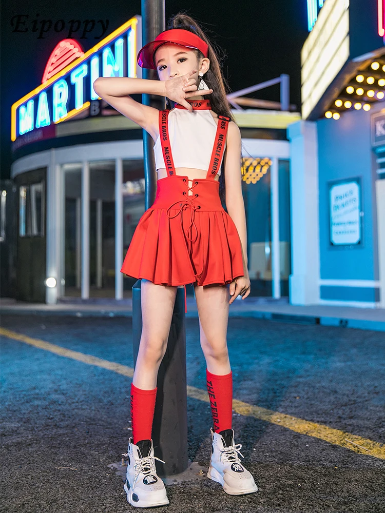 여아용 힙합 공연 의상, 재즈 댄스 스커트, 반팔, 트렌디한 의상, 세트