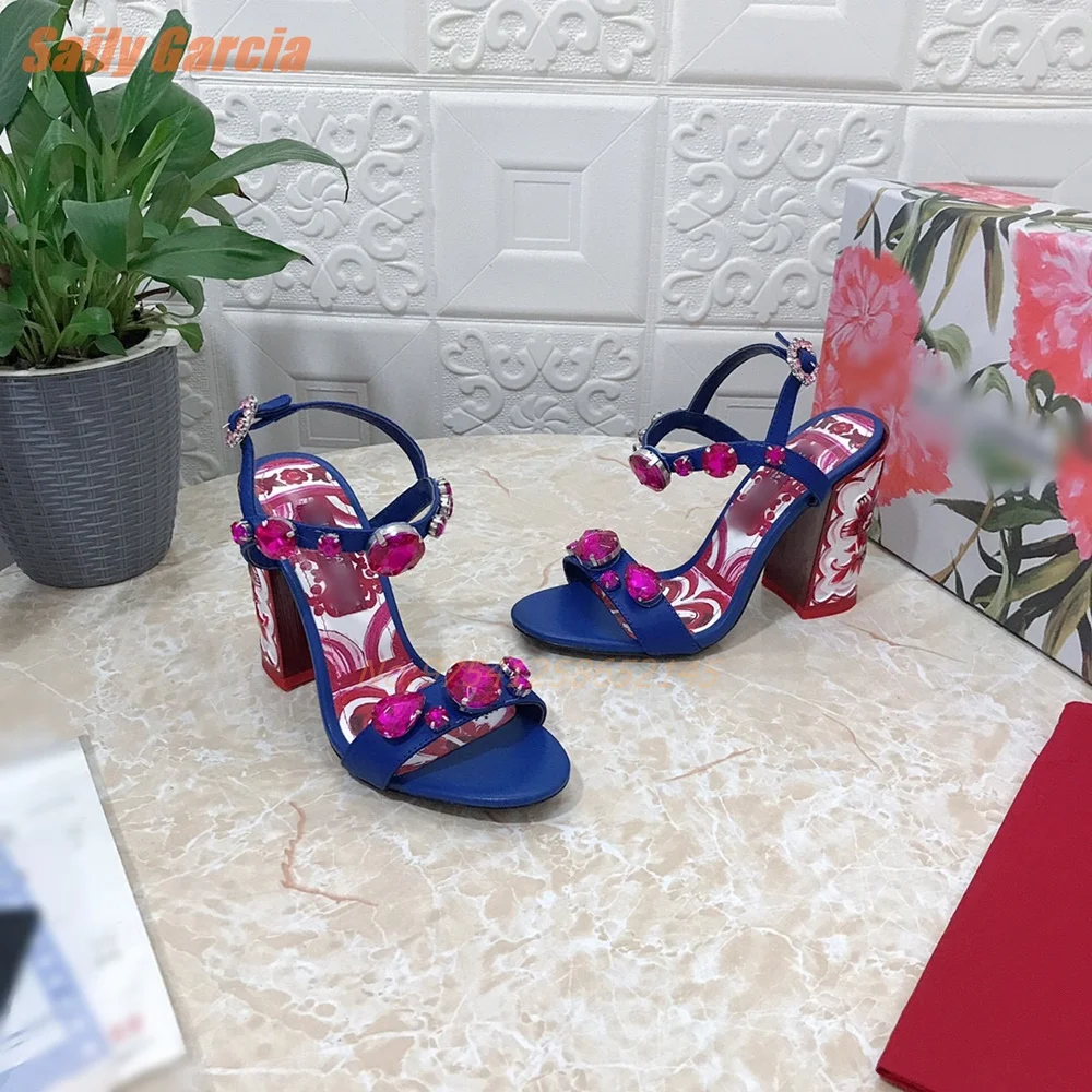 Fretwork Flower Rhinestone Sandals Summer Ankle Strap Chunky Gorgeous Lady Round Open Toe Mixed Color Print Luxury Party 2024