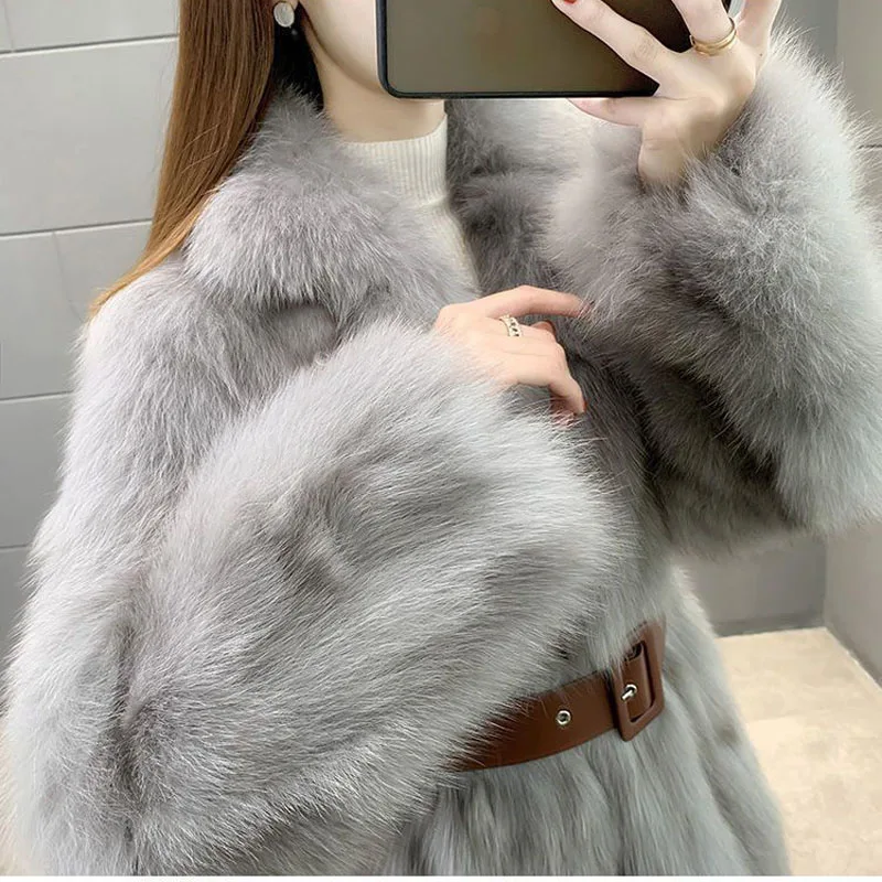 High-end Fur Collar Fur Coat Women's 2023 Winter Parka Haining Mid-Long Jacket Winter Faux Fur Coat Ladies Coat Belt Fashion