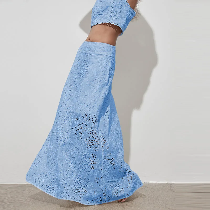 

Модная длинная юбка с высокой талией и вырезами, женские повседневные однотонные юбки трапециевидной формы, элегантная однотонная полуюбка с цветочной вышивкой