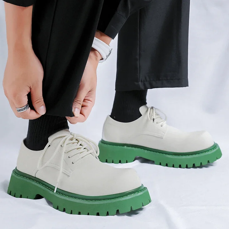 Brand Men\'s Lace Up Oxford Shoes Thick Sole Business Wedding Shoes Round Toe Green Sole Platform British Outdoor Casual Shoes