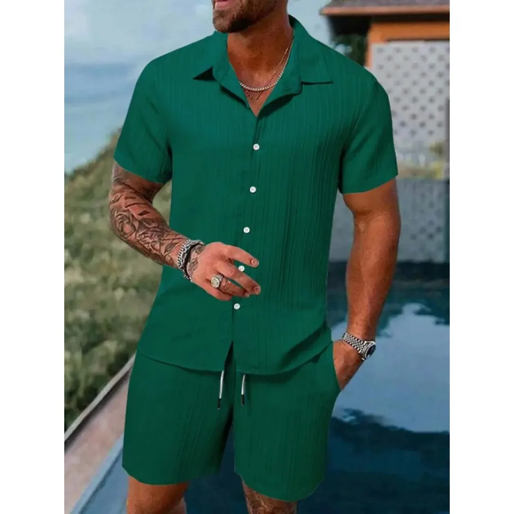 Men's Beach Suit Striped Solid Color Short Sleeve Shorts Shirt Sports Casual Breathable Lightweight High Quality Men's Wear Ins