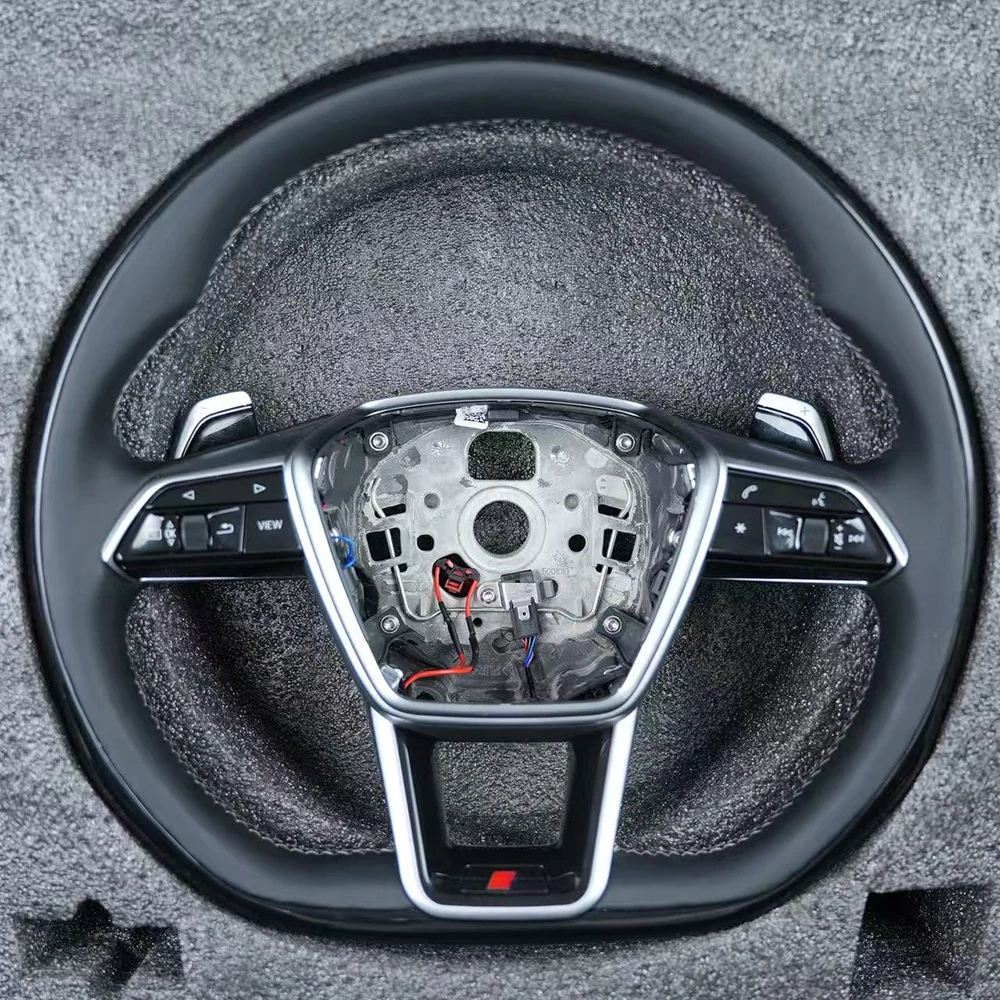 

For Audi A6 C8 Heated White Stitching Multifunctional Full Leather Steering Wheel with button S/RS Logo Assembly
