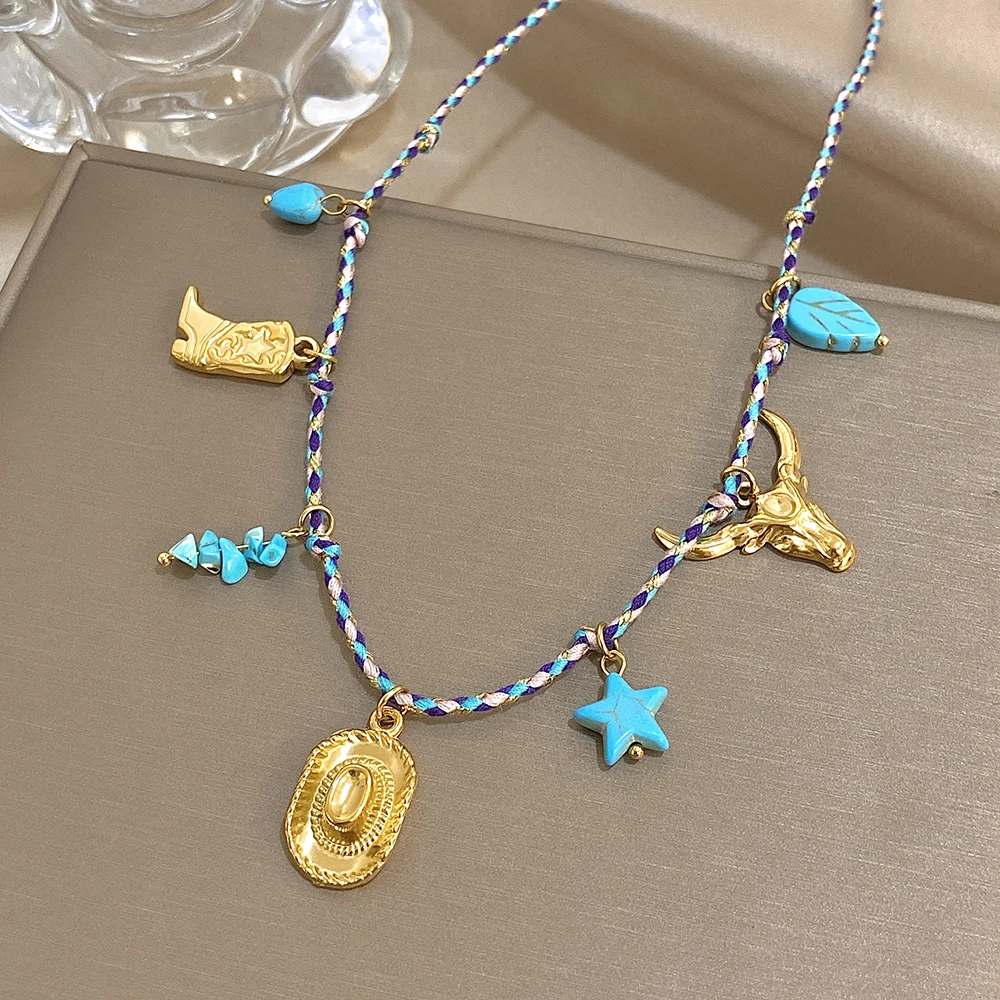 

Vintage Stainless Steel Bullhead Cowboy Hat Boots Pendant Necklace Women Ethnic Style Woven Rope Chain Choker Necklace Jewelry
