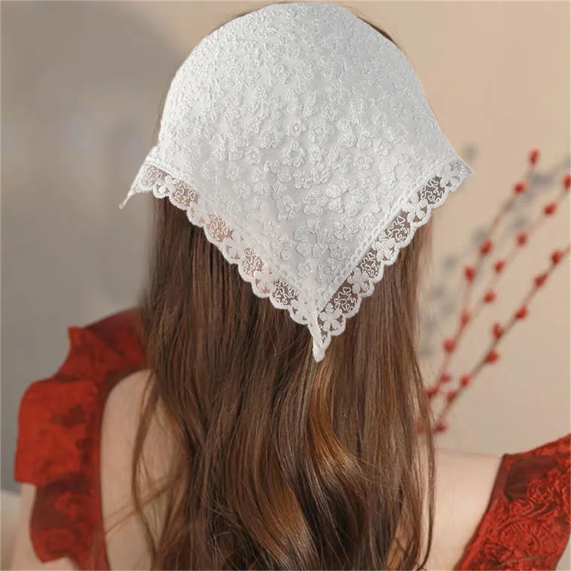 Spring Summer Thin Lace Turban Caps Triangle Lace Tulle Scarf Covering Church Veil for Wedding Female Head Wraps