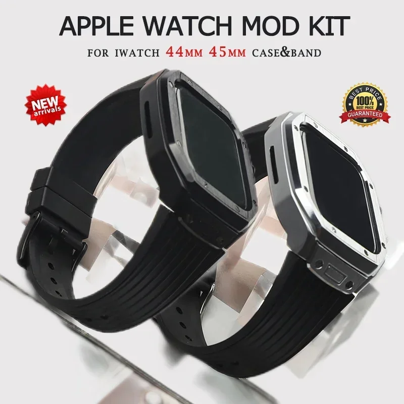 Luxury Metal Case Modification Kit for Apple Watch 9 8 7 44mm 45mm Men Case Silicone Sport Band for iWatch Series 6/5/4/se Strap