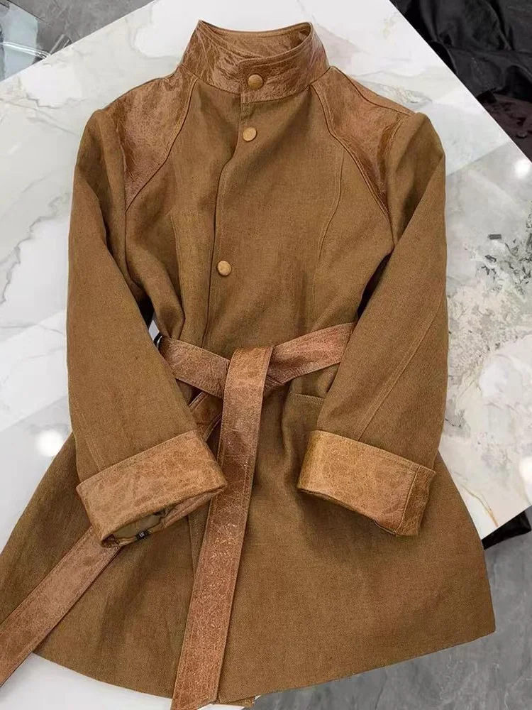 

Elegant Brown Waist-Cinching Jacket Women's Premium Feel Good Fit Commute Style Mid-Length Button Detail Other Material