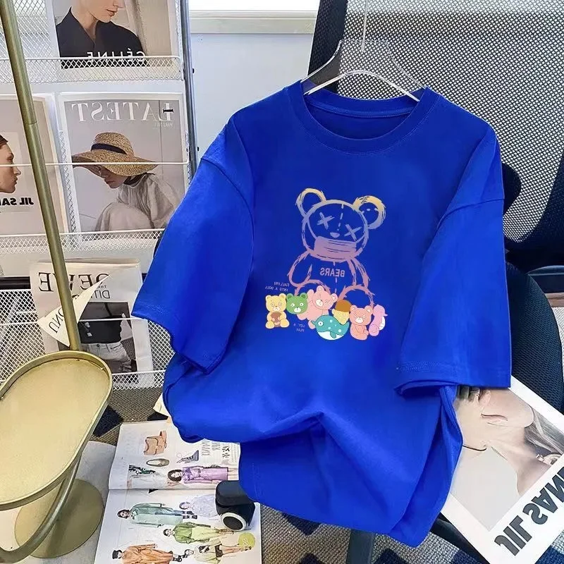 

Женская футболка больших размеров с мультяшным принтом, круглым вырезом и коротким рукавом, летняя, повседневная, свободного кроя, универсальный топ в корейском стиле