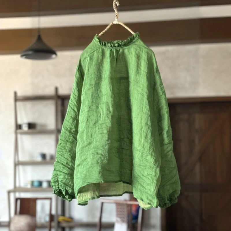 ผู้หญิงVINTAGE Ramieฤดูใบไม้ผลิดอกไม้พิมพ์เสื้อและเสื้อ 2025 ใหม่ 2025 แขนยาวใหม่หลวมเสื้อผ้าผู้หญิงเกาหลีBlusas Mujer