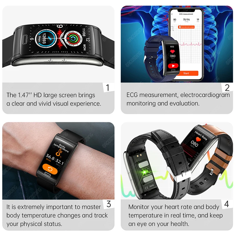 Non-Invasive Blood Glucose Smart Bracelet IP68 Water Proof Smartwatch ECG+PTT Blood Pressure Heart Rate Health Sport Smart Watch