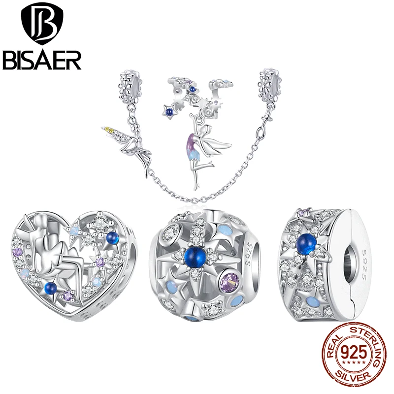 

BISAER 925 Sterling Silver Day and Night Elf Charm Bead Zircon Safety Chain Plated Platinum Fit Women DIY Bracelet Fine Jewelry