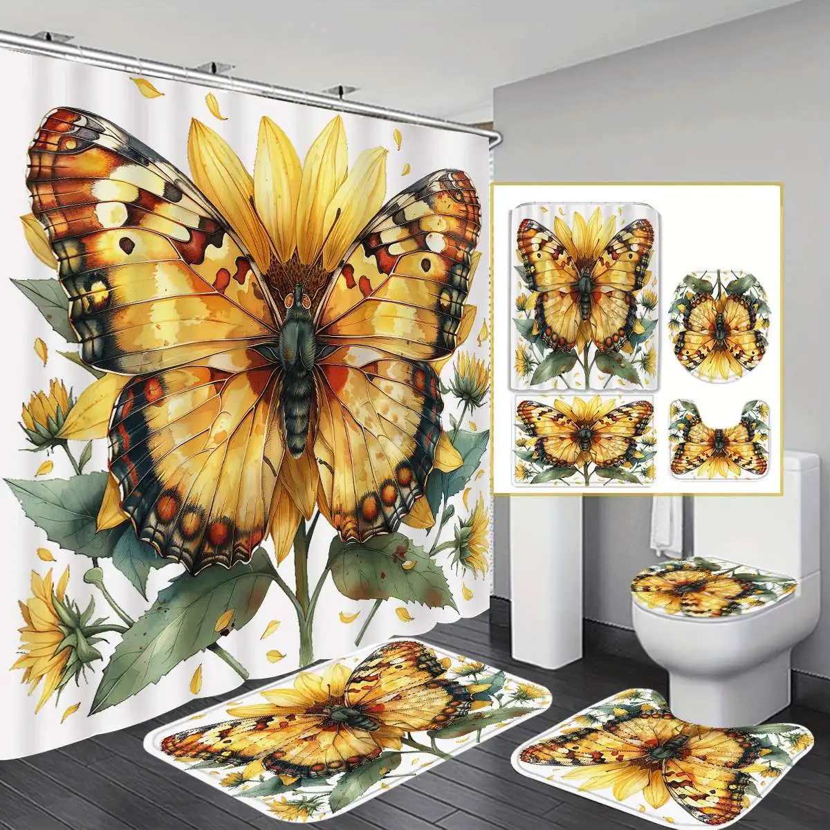 

4 шт., мульти-стильное украшение с 3D цветочным принтом, занавеска для душа, ковер для ванной комнаты, U-образный коврик для унитаза, чехол на сиденье унитаза