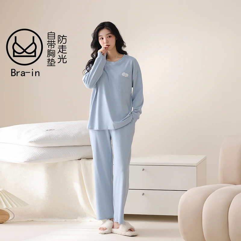 Big Size M-2XL Spring and Autumn Women 100% Cotton Pyjamas Female Long Sleeve Sleepwear With Chest Pad