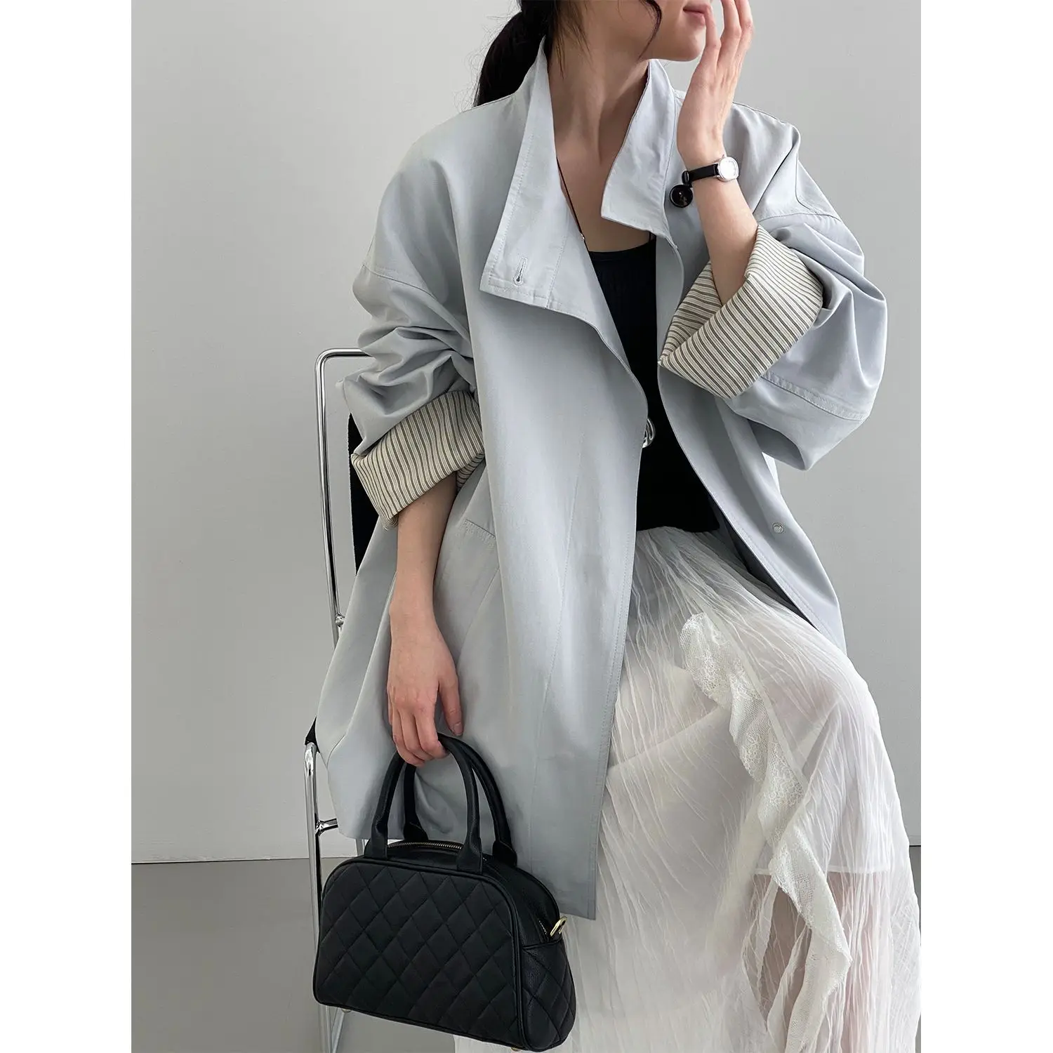 

SuperAen Korean-style Loose Stand-up Collar Trench Coat 2026 Spring New Women's Striped Contrast Color Long-sleeved Coats