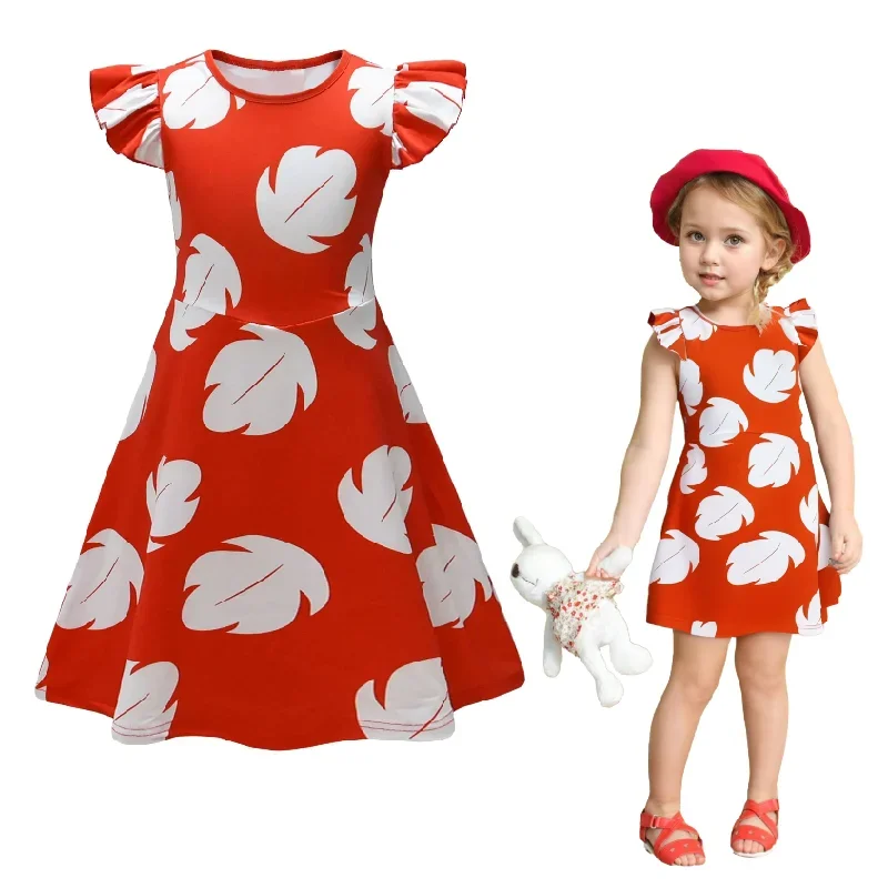 Cute Tropical Cartoon Dress for Girls Summer Hawaiian Red Leaf Pattern Kids Knee Length Skirt with Flowy Sleeves 3-10Y