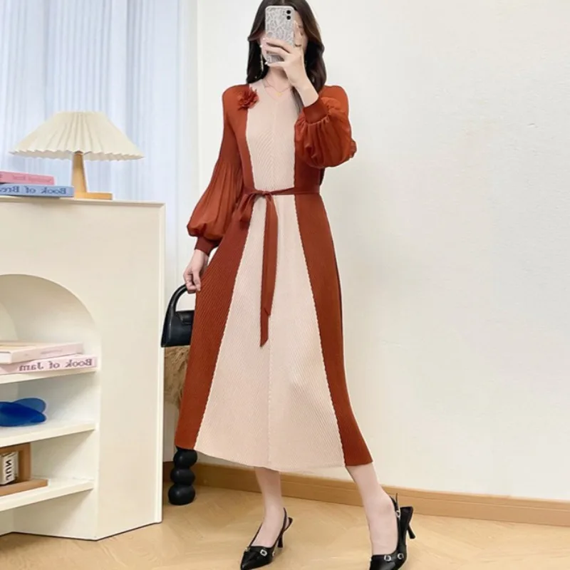 أوروبا جديد مياكي فستان مطوي المرأة طويلة الأكمام مزاجه حجب حجم كبير مطاطا فستان طويل مكتب ركاب الملابس #1