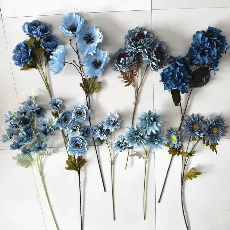 Haze Blue Artificial Eucalyptus Leaf Plants Wedding Floral Arrangements Materials Christmas Party Table Decor Fake Rose Flowers