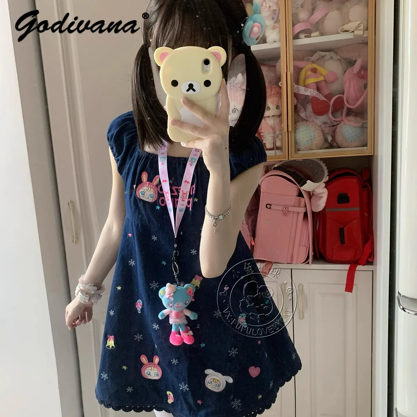 Impressão completa bonito bordado filha meninas denim vestido novo verão vintage manga curta bordado feminino bonito denim camisa topos