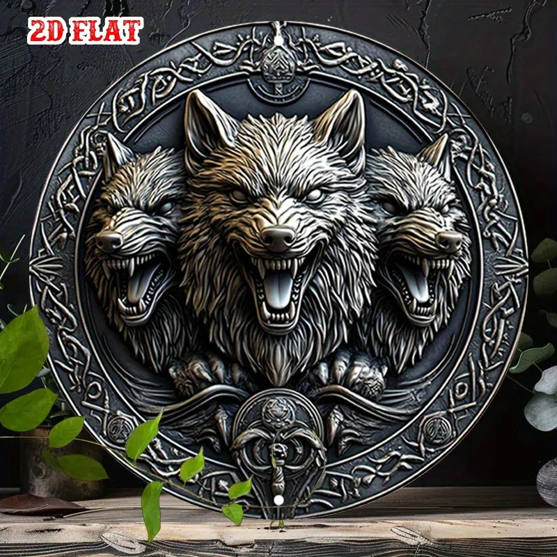 Mythisches Wolfs-Gesicht Rundes Aluminium-Metallschild - Vintage Wanddekoration für Zuhause, Garage, Café, Handgefertigtes Retro-Metallblechschild