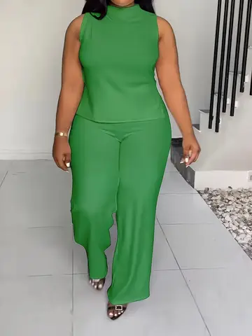 Plus size casual solid color pants suit, sleeveless open-front top and summer pants outfit, women's plus size clothing