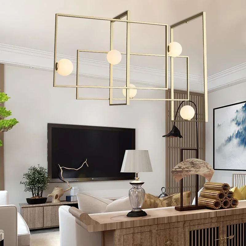 Modern Wrought Iron Geometric Frame Glass Spherical Chandelier Study Living Room Dining Room Decorative Lighting