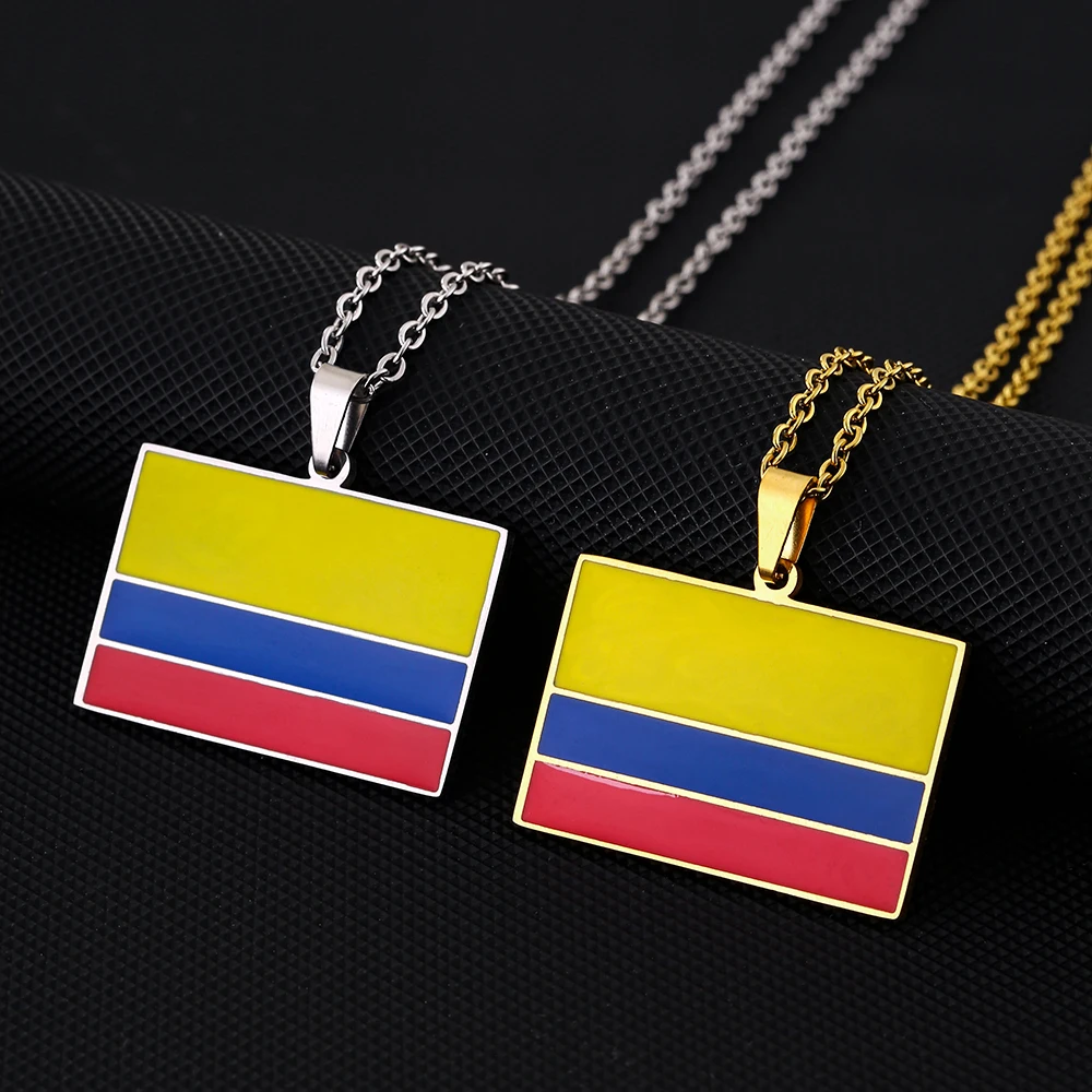 US EU Hot Sale Stainless Steel Square Enamel Colombia Flag Pendant Necklace Unisex Couple Birthday Jewelry Gift Trendy Accessory