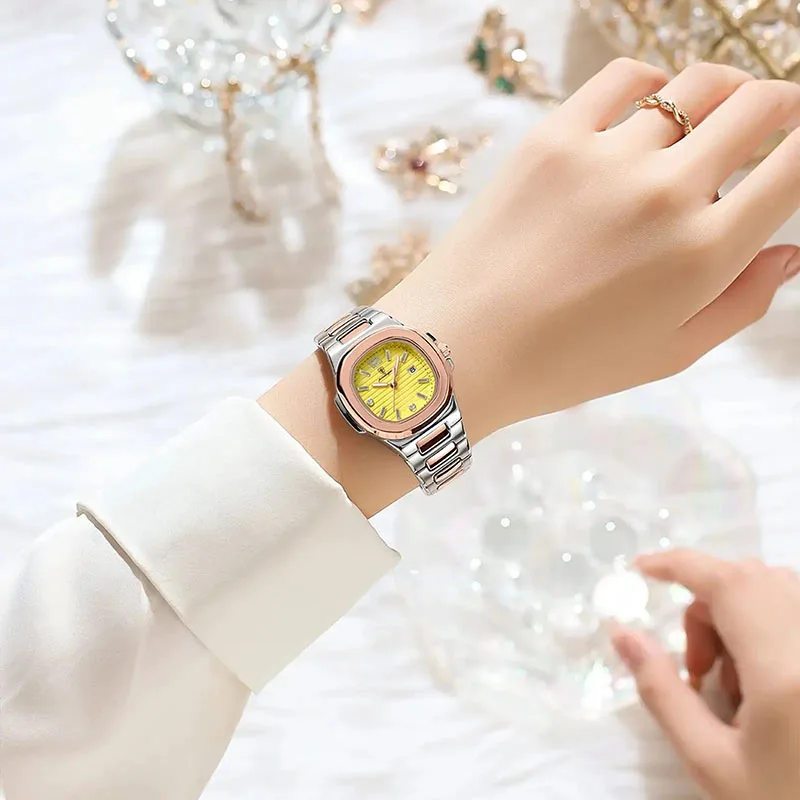 Lxury-Relojes de pulsera cuadrados de oro rosa para mujer, pulsera luminosa de acero inoxidable, reloj de cuarzo con esfera pequeña y calendario,