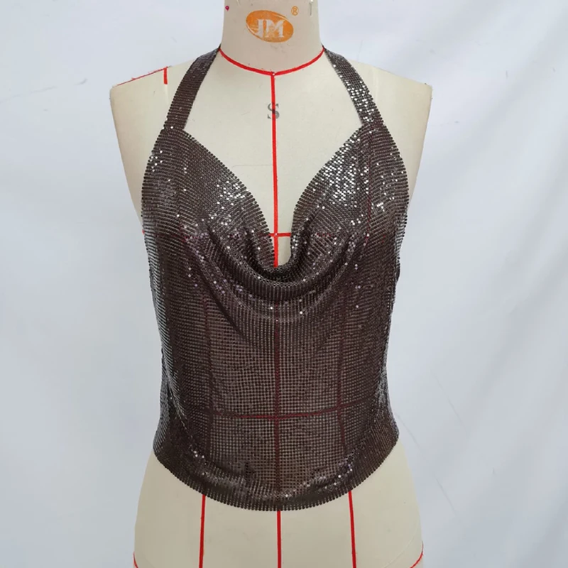 Damen Glitzerndes Pailletten-Neckholder-Top mit Wasserfallausschnitt Rückenfreies Crop-Top Glänzendes Metall Club Strand Festival Nachtclub Rave Party Tanktops – Detail 5