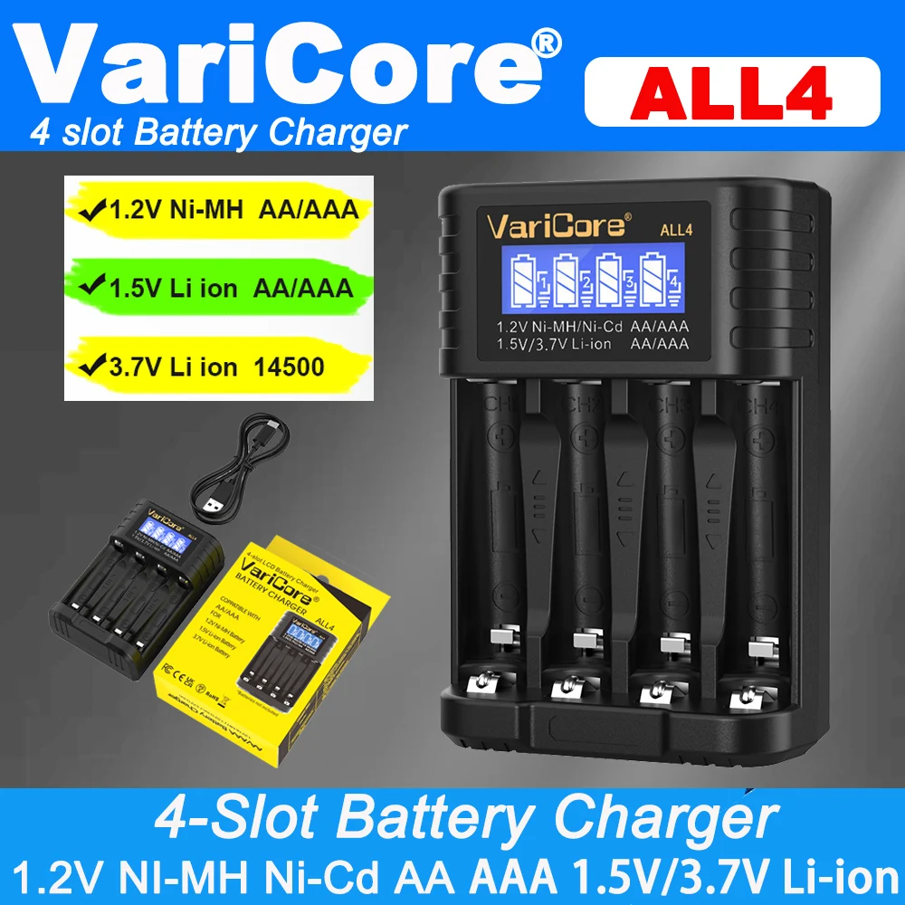 New VariCore ALL4 ALL8 LCD Smart Battery Charger 4 Slots for AA AAA 1.2V Ni-MH Ni-Cd & 1.5V Li-ion 3.7V 14500 Charging Cells