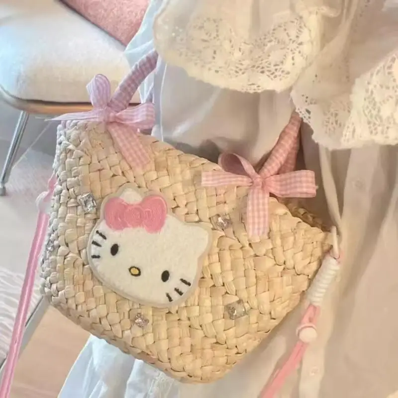 

Summer Lattice Handbag Sanrios Anime Cartoon Cosmetic Bag Student Sweet Girl Portable Mobile Phone Bag Cloth Bags for Woman