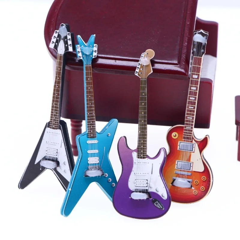 1pc simulação mini modelo de guitarra elétrica, acessórios de decoração de casa de bonecas popular guitarra mini cena adereços combinar modelo acessórios