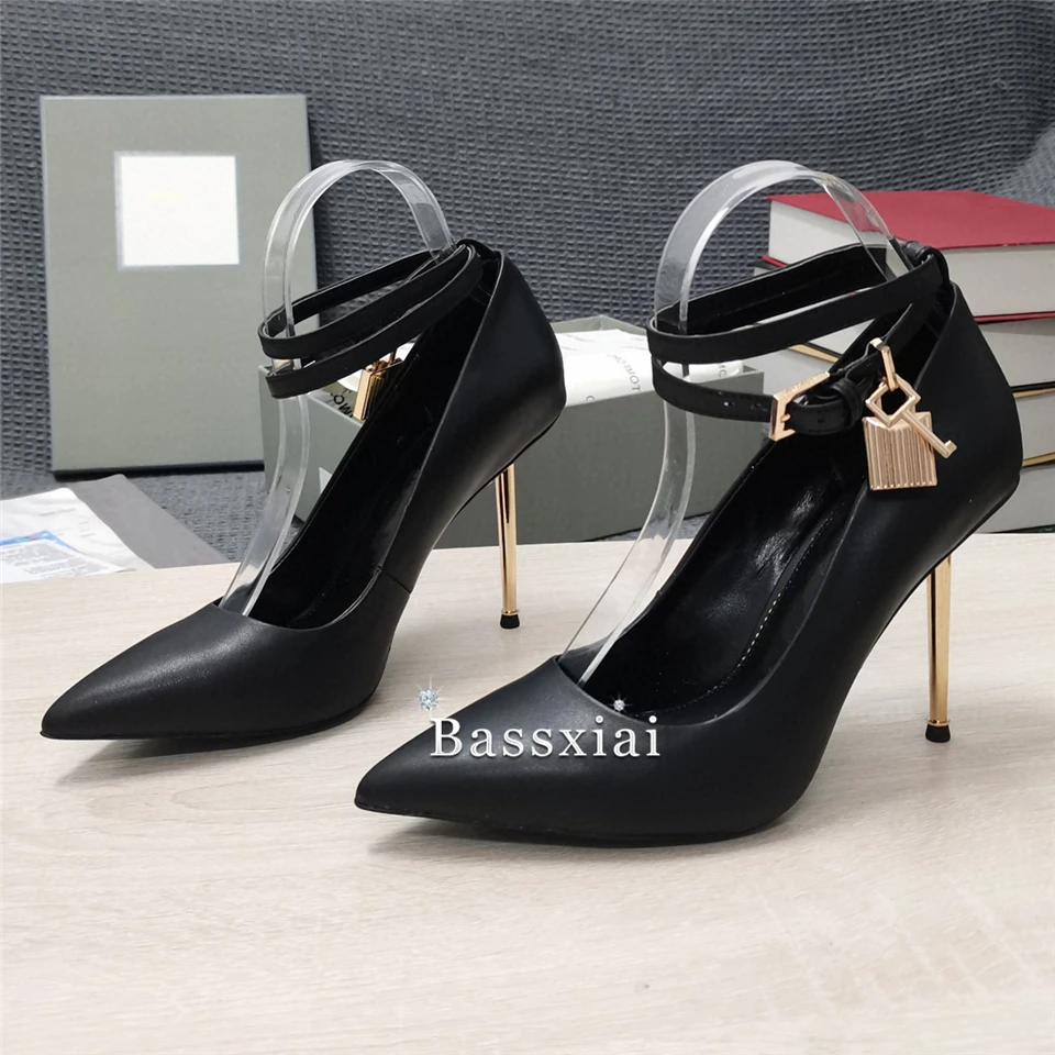 Sharp Metal Thin High Heel Women Pumps Locked Decor Strap Sexy Pointed Toe Genuine Leather Dress Shoes