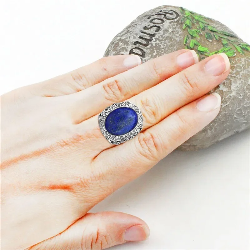 Vintage Lapis Lazuli Rings, Natural Stone Flower Ring, Antique Silver Plated Ancient Fashion Jewelry TR746