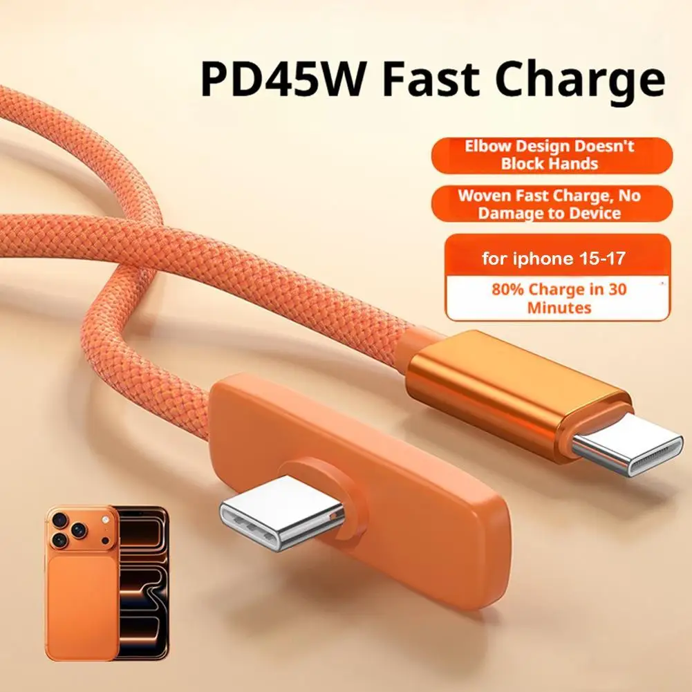 

PD45W Fast Charging Type-C Right Angle Data Cable Nylon Braided USB C To C Wire Cord For IPhone 17 16 15 ProMax Samsung Android