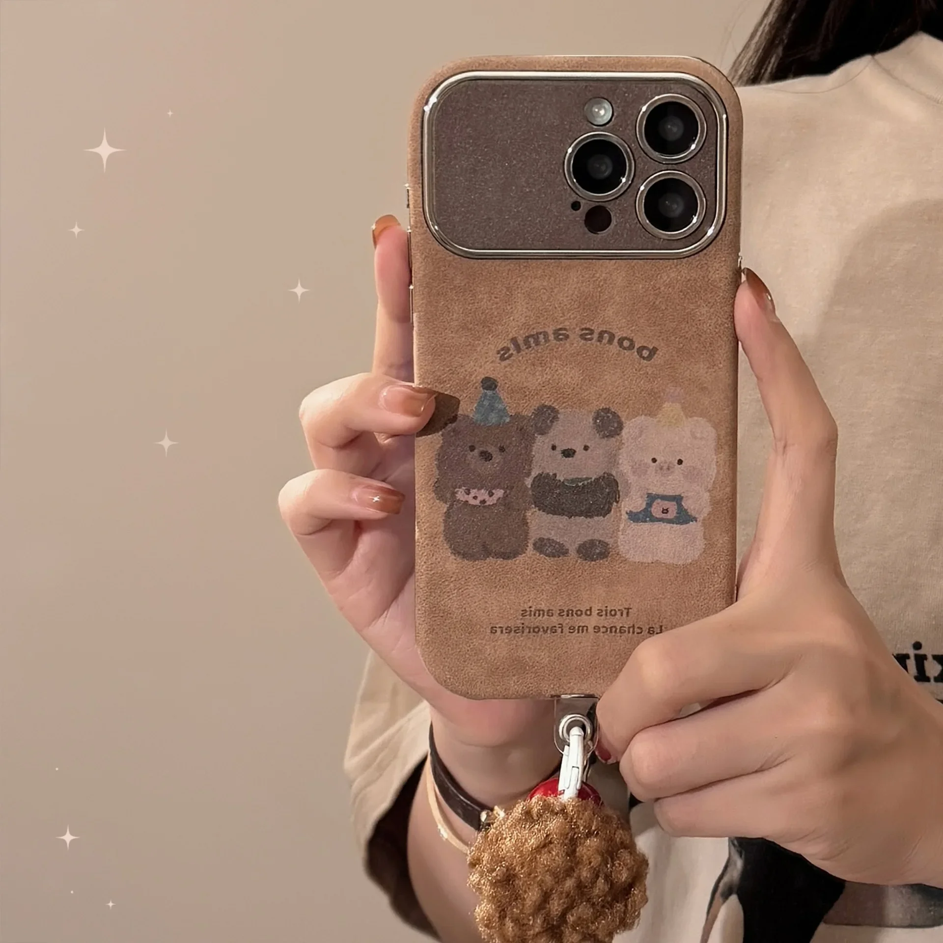 Retro animals party winter Suede Plush ball Pendant Phone Case For iPhone 16 15 14 13 12 Pro Max Case Cute Cartoon leather Cover