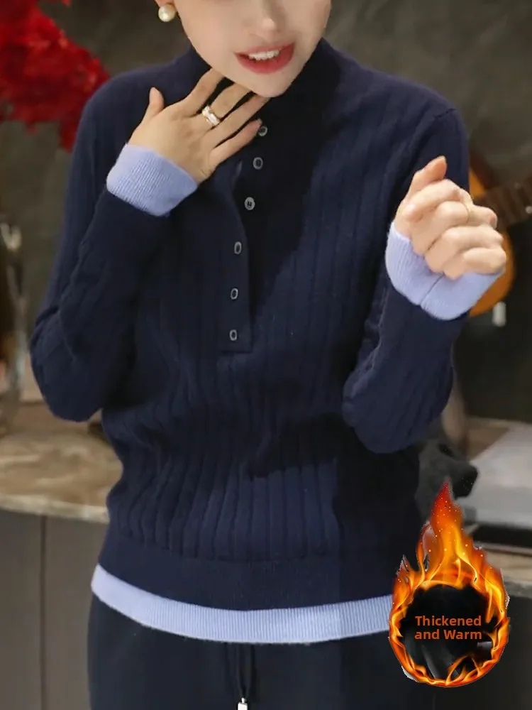 

Winter New plus Size High Collar Knit Sweater Women's Warm Fce Contrast Color French Sle Slim Fit Long Sve Knitted Top