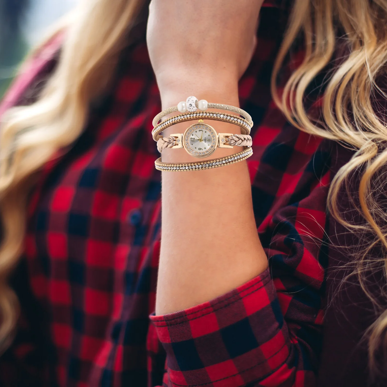 

Studded Quartz Watch Multi Layer Beige Fashion Elegant Party Daily Wear Wedding Gift For Women Diamond Studded Watches Women