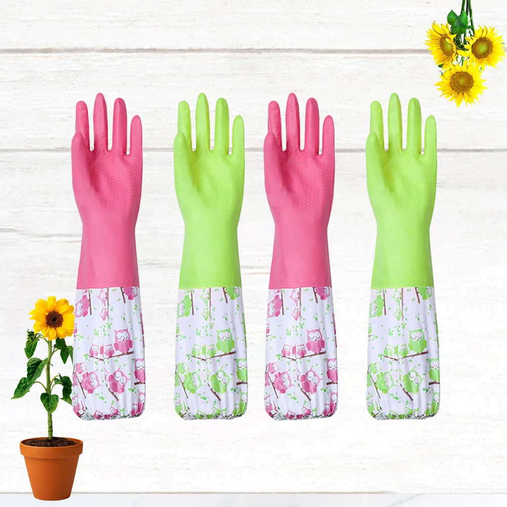 

2Pair Waterproof Breathable Rubber Kitchen Gloves Soft Lined Durable Household Dishwashing Gloves Lengthened for Home Use Owl