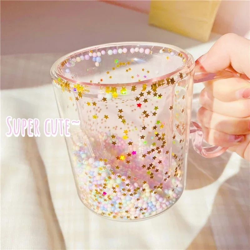 Korean ins Girl Heart  Kawaii  Bubble Star Sky Cup Star Sequin Double Wall Glass Coffee Cups Handle Heat Resistant Milk Mug