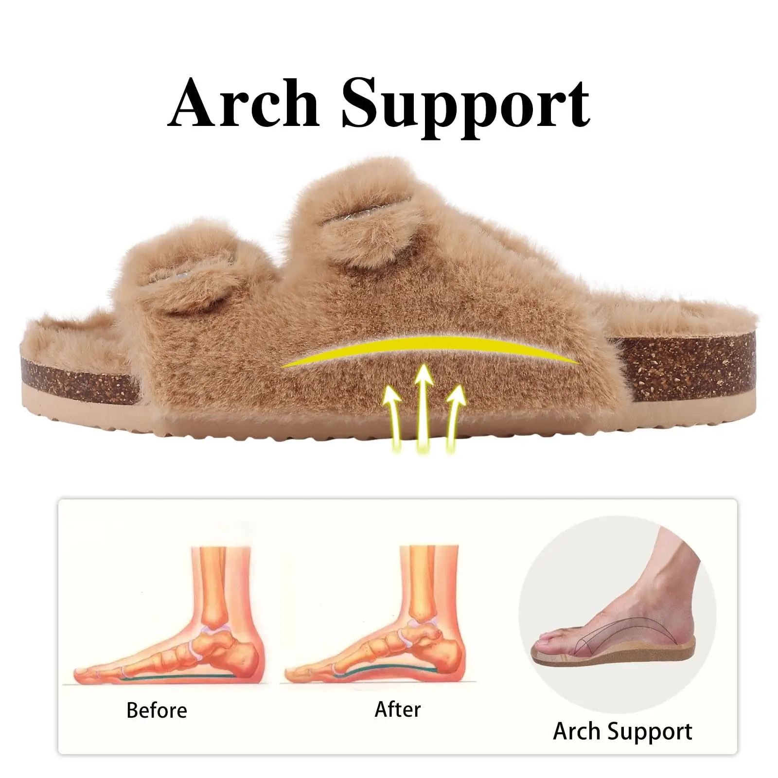 Litfun Cork Fur Fluffy Slippers Women Winter Fluffy Sandals Fuzzy Home Flat Slides With Arch Support Double Buckle Fuzzy Sandals