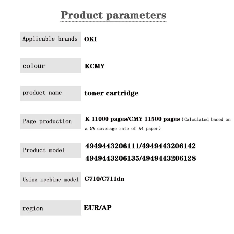 EUR/AP Version 44318608/44318607/44318606/44318605 Toner Cartridge for OKI C710/C711dn