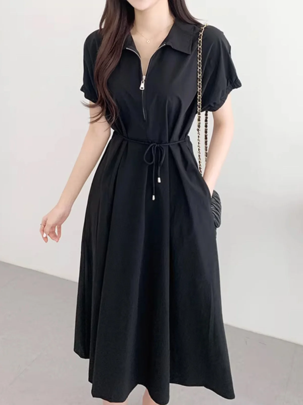 시크 캐주얼 칼라 슬림핏 미디 드레스 여성용 스타일리시 여름 패션 트렌디 우아한 긴팔 드레스