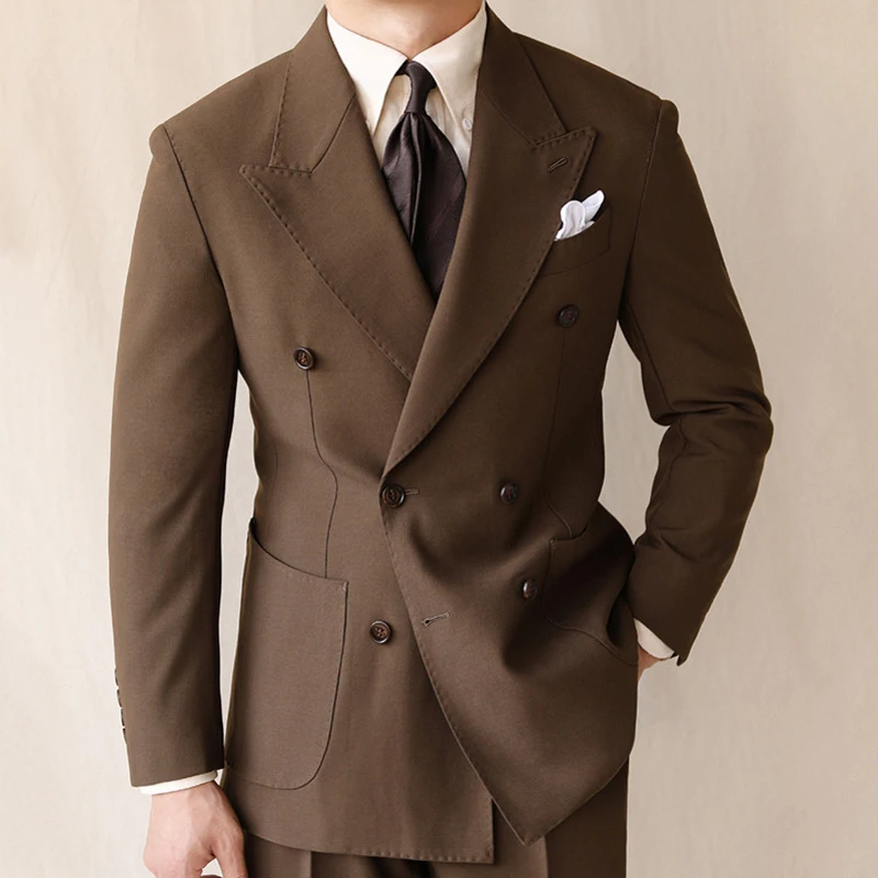 British Style Men Blazers Casual Business Double Breasted Casual Suit Jacket Wedding Dress Coat Social Banquet Tuxedo Costume