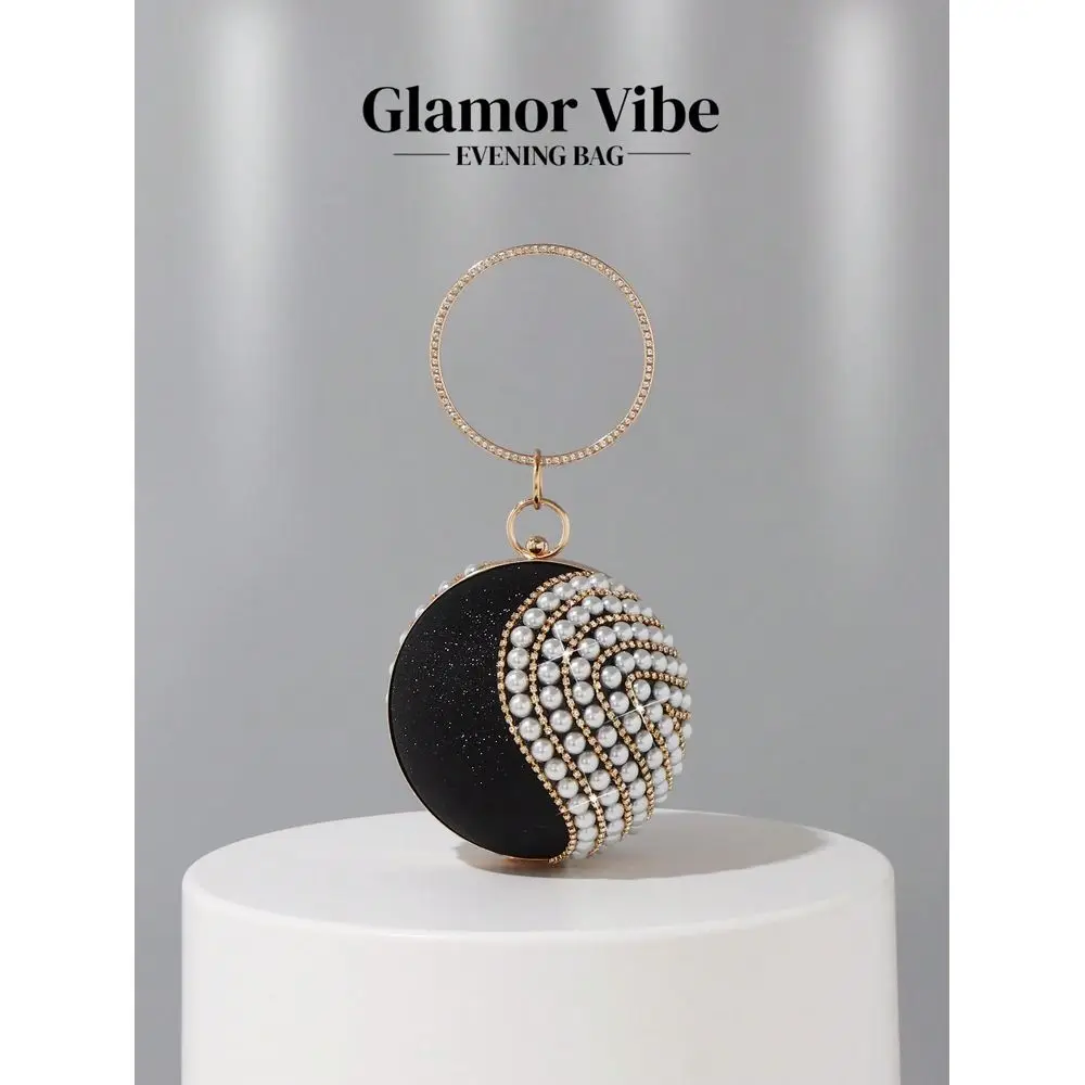 

Round BallShaped Golden Diamond Evening Bag, Decorated With Rhinestones, Pearls And Asymmetrical Design, Shiny Clutch Purse, Br
