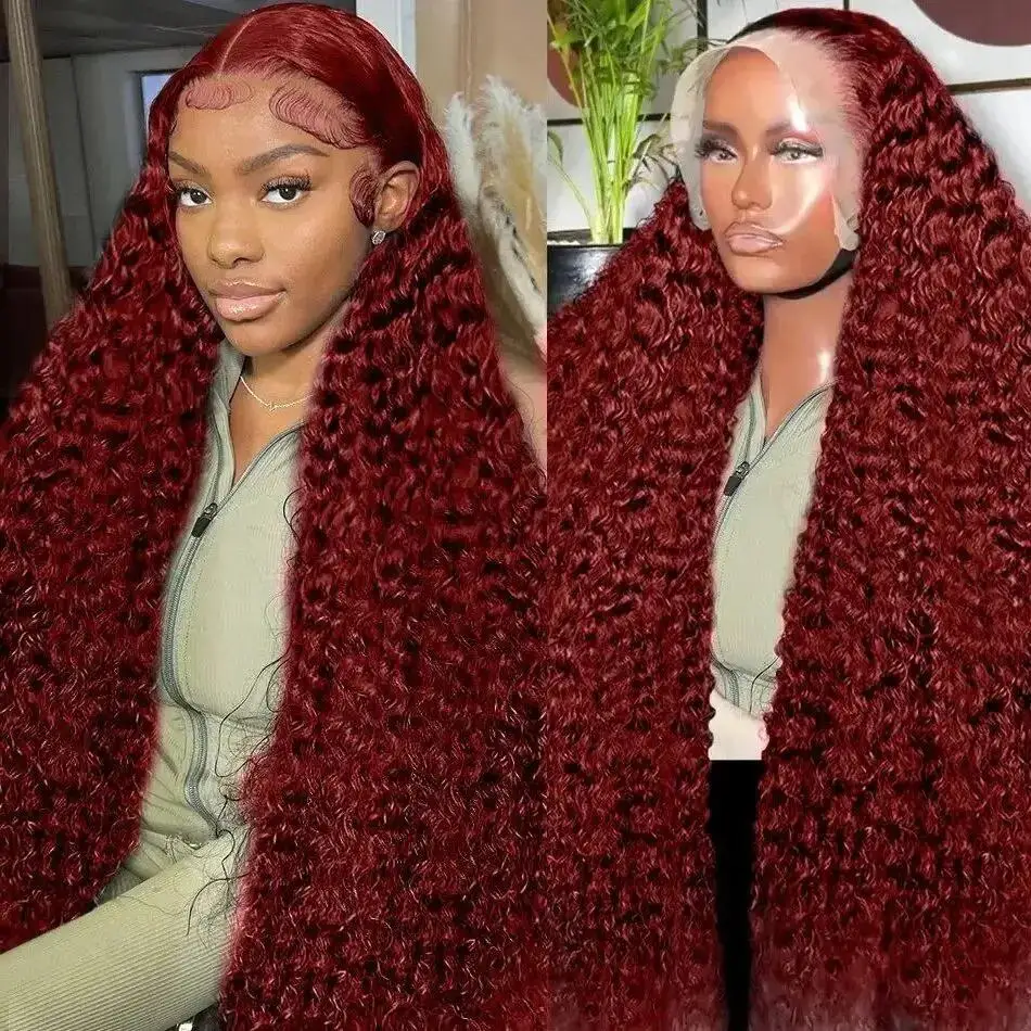 30Inch 99J Burgundy Deep Wave Lace Front Wig Human Hair 13x6 HD Transparent Lace Frontal Wig Pre Plucked Red Colored Curly Wig