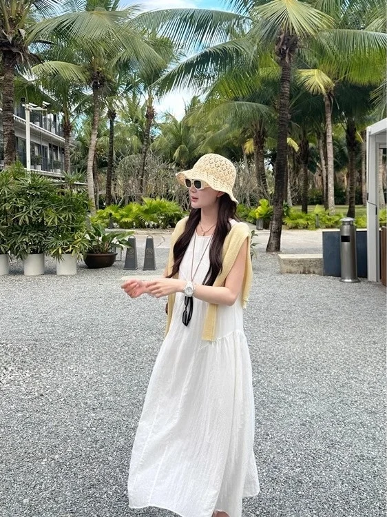 

Simple Sleeveless White Vest Dress Women's Summer Pure Innocent First Love Series Student Slimming Knee-Length Skirt