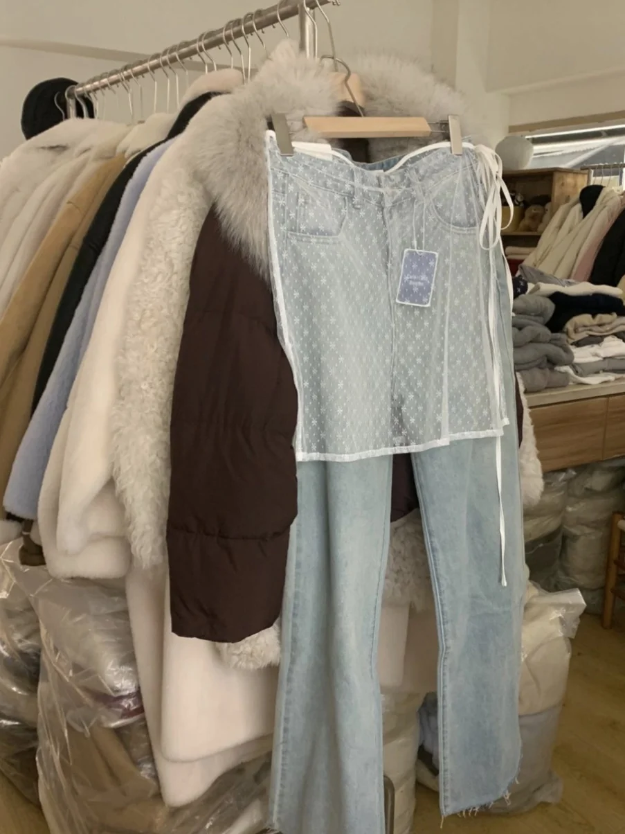 東大門ミーエプロンベースマッチングスカートデニムレースカーテン半透明レーススカートカーテン女性の Faion 春 2025